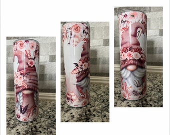 Boho Dusty Rose Gnomes 20 oz tumbler with rubber bottom and straw  FAST SHIPPING