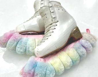 Rainbow Fluffy Ice Skate Soakers: Cozy Blade Covers (blades 8-11")