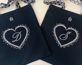 Crystal Heart Black Tote Bag: Personalized Initial Canvas Shopper