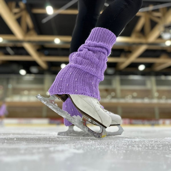 Lilac leg warmers with icy AB beads⎥ hand knitted leg warmers for skating, yoga, dancing, ballet and casual outfits ⎥ boot cuffs