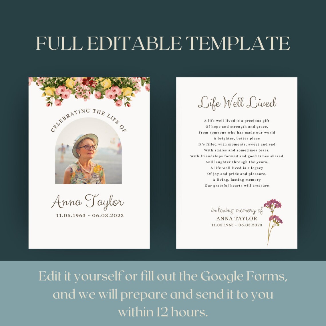 Funeral Poem Card, Editable Memorial Prayer, Obituary, Sympathy Poem