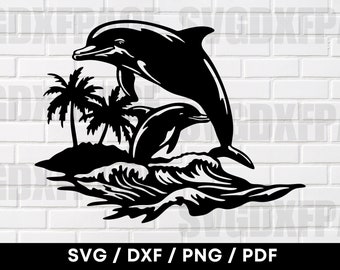 Dolphins Breaching The Water Scene SVG DXF PNG, Dolphins Svg, Laser Cut Files, Dolphins Clipart, Dxf For Plasma, Dolphin Silhouette, Files