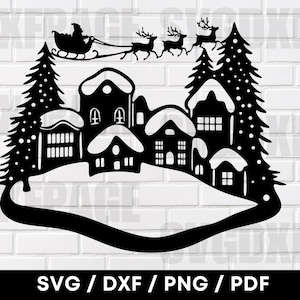 Santa&#39;s Sleigh With Reindeer Flying In The Chirstmas Night Scene SVG PNG DXF, Santa Svg, Santa Png, Santa&#39;s Sleigh Svg, Cnc Plasma Laser