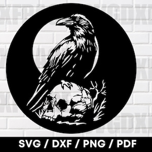 Pájaro cuervo sentado sobre una calavera SVG PNG DXF, Pájaro cuervo Svg, Halloween Svg, Spooky Svg, Cuervo Svg, Silueta de pájaro cuervo, Láser de plasma CNC