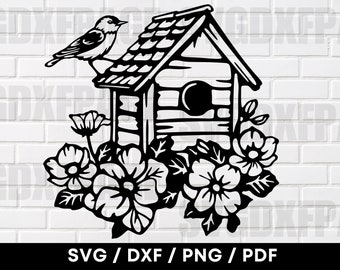 Vogelhaus mit Drossel und Blumen SVG DXF PNG, Vogelhaus svg, Vogelhaus Silhouette, Dxf-Dateien für Plasmen, Cnc-Plasma-Dateien, Vogelhaus Png