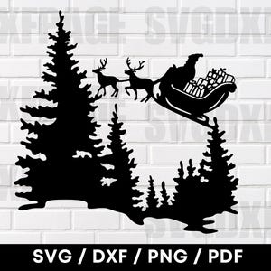 Santa And Reindeer Christmas Sleigh Flying Christmas Night Scene SVG PNG DXF, Santa Svg, Santa Silhouette, Santa Clipart, Cnc Plasma Laser