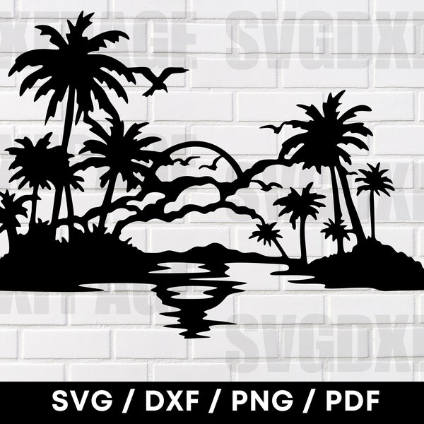 Tropical Beach Scene PNG DXF SVG, Tropical Svg, Summer Svg, Tropical Clipart, Digital Downloads, Laser Files Download, Svg Cricut Desgin