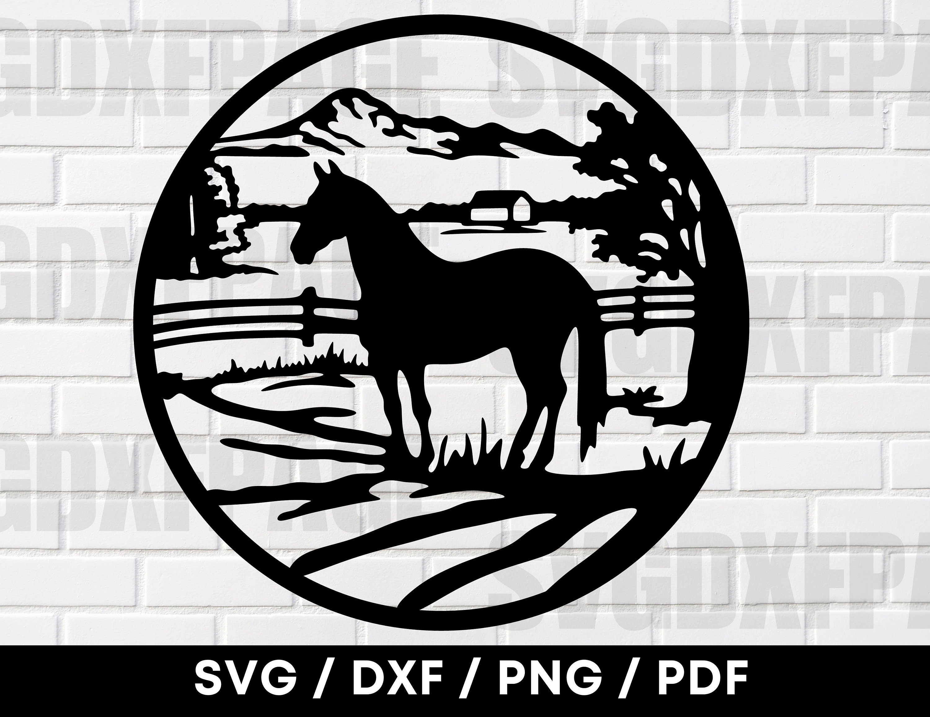 Pferd auf der Farm Szene DXF PNG SVG, Pferd Silhouette, Pferd Clipart, Cowboy Geschenk, Bauernhof Tier
