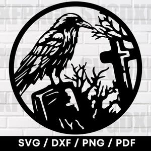 Pájaro cuervo sentado sobre una lápida SVG PNG DXF, Pájaro cuervo Svg, Cuervo Svg, Silueta de pájaro cuervo, Archivos de corte láser de plasma CNC, Halloween