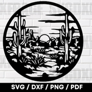 Woestijn met cactusscène PNG DXF SVG, woestijnscène Svg, woestijnscène Png, plasma lasergesneden bestanden, woestijn clipart, woestijn silhouet, woestijn