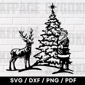 Kerstman met rendieren en kerstboom scène SVG PNG DXF, Santa Svg, rendieren Svg, Santa Clipart, Santa silhouet, kerst Svg, Cnc-bestand