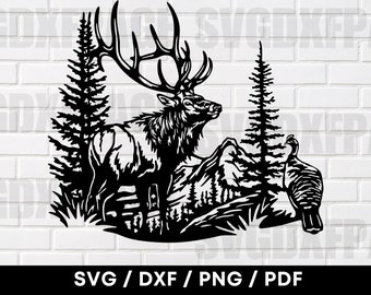 Elch und Truthahn in der Wildnis SVG DXF PNG, Truthahn geschnitten, geschnitten, geschnitten, geschnitten, geschnitten, Laser geschnitten, geschnitten