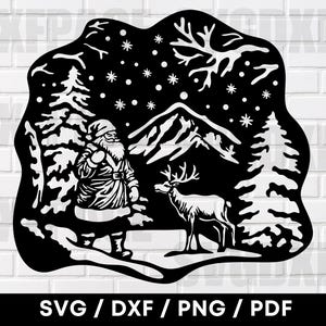 Santa With Reindeer Outside On A Christmas Night Scene, Santa Svg, Santa Silhouette, Santa Clipart, Santa Png, Reindeer Svg, Cnc Plasma File