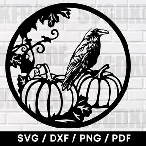 Pájaro cuervo sentado sobre calabazas SVG PNG DXF, Pájaro cuervo Svg, Cuervo Svg, Halloween Svg, Silueta de pájaro cuervo, Halloween Png, Cnc Plasma Laser
