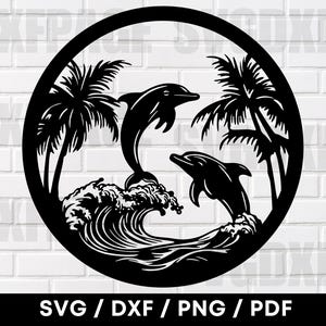 Dolfijnen in tropisch water vector scène SVG DXF PNG, dolfijnen Svg, dolfijnen Dxf, dolfijnen silhouet, dolfijnen clipart, CNC-bestanden voor plasma