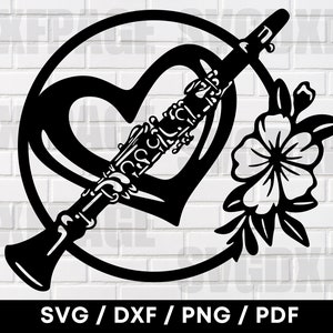 Clarinet With Heart And Flowers SVG PNG DXF, Dxf Files For Plasma, Clarinet Svg, Clarinet Png, Clarinet Clipart, Plasma Laser Files, Svg