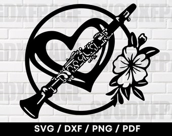 Klarinette mit Herz und Blumen SVG PNG DXF, Dxf-Dateien für Laser geschnitten