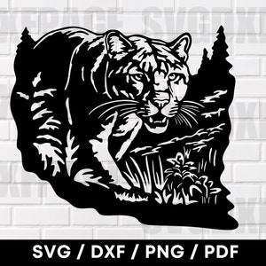 Cougar dans les bois scène PNG DXF SVG Clipart, Svg de couguar, couguar Png, fichiers découpés au laser, des cliparts, fichier coupé Dxf, animaux Svg, couguar Png, fichier
