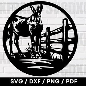 Donkey In The Pen Scene SVG DXF PNG, Donkey Clipart, Donkey Svg, Donkey Silhouette, Donkey Png, Plasma Laser Cut Files, Farm Animals Svg
