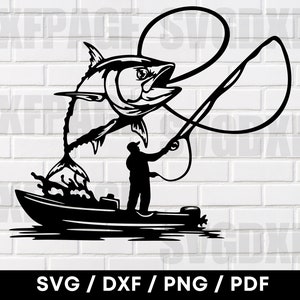 Fisherman Tuna Fishing Scene SVG PNG DXF, Tuna Svg, Fishing Svg, Tuna Silhouette, Tuna Clipart, Fishing Clipart, Cnc Plasma Laser Cut Files
