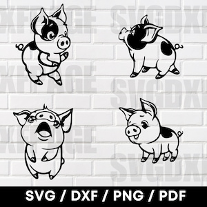 Cartoon Pigs SVG DXF PNG Clipart, Prosiaczek Twarz Sylwetka, Farm Animal Pigs Svg, Wektorowe Pliki Cięcia, Pobieranie Cyfrowe, 10 Szablonów Pakietów