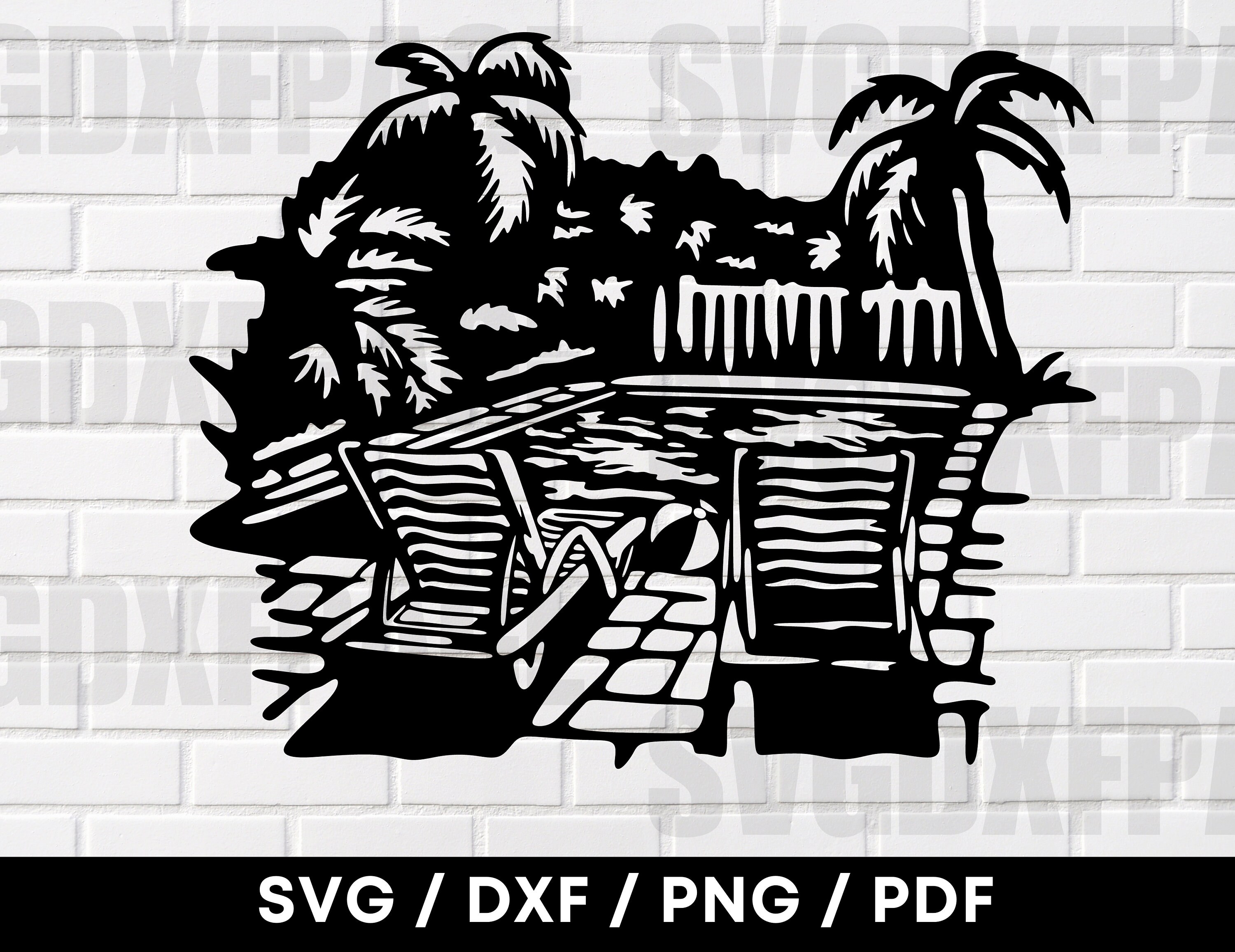 Pool und Liegestühle in der tropischen Szene DXF PNG SVG, Pool zwart, Sommer Blatt, Dxf-Dateien für Plasmen, Pool Clipart, Pool Silhouette,