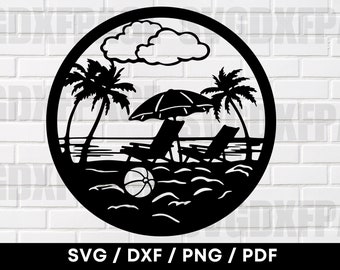 Beach Chairs Tropical Beach Scene SVG DXF PNG, Tropical Svg Cut File, Svg For Cricut, Silhouette Designs, Beach Sign, Beach Svg, Tropical