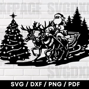 Santa Sleigh And Reindeer Scene SVG PNG DXF, Santa Sleigh Svg, Santa Svg, Santa Png, Arquivos de corte a laser, Santa Dxf, Papai Noel Dxf Cut Files