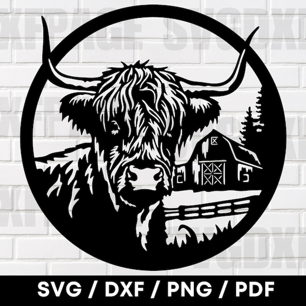 Highland Cow Farm Scene PNG SVG DXF, Highland Cow Svg, Farm Svg, Cow Svg, Dxf Plasma Laser Cut File, Highland Cow Silhouette, Svg Files,Farm