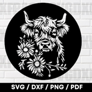 ハイランド牛の農場のシーン PNG SVG DXF、ハイランド牛 SVG、農場 SVG、牛 SVG、DXF プラズマ レーザー カット ファイル、ハイランド牛のシルエット、SVG ファイル、農場