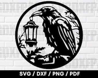 Rabe Vogel mit gruseliger Laterne im Mund SVG PNG DXF, Rabe Vogel Silhouette, Cnc Laser, Rabe Clipart
