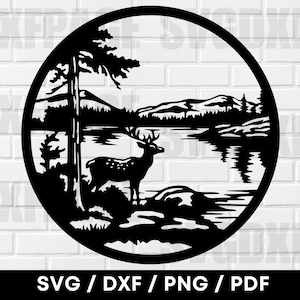White Tail Deer Lake Scene DXF PNG SXG, Deer Svg, Deer Dxf, Deer svg png dxf, Plasma Laser File For Cnc, White Tail Deer Svg, Digital File