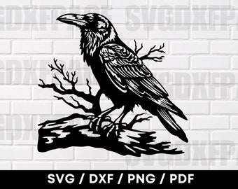 Rabe Vogel sitzt auf einem Ast Szene SVG DXF PNG, Rabe Vogel SVG, Krähe SVG, Rabe Vogel Silhouette, Cnc Laser Cut Dateien, Rabe Clipart