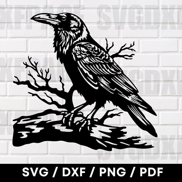 Raven Bird Sitting On A Branch Scene SVG DXF PNG, Raven Bird Svg, Crow Svg, Raven Bird Silhouette, Cnc Plasma Laser Cut Files, Raven Clipart