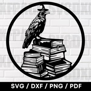 Pássaro Corvo Com Chapéu De Bruxa Sentado Em Cima Lendo Livros SVG PNG DXF, Pássaro Corvo Svg, Silhueta De Pássaro Corvo, Clipart De Pássaro Corvo, Arquivos Cnc