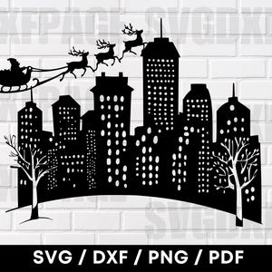 Santas slee en rendieren vliegen over de skyline van een stad scène SVG PNG DXF, Santa Svg, Santa Clipart, rendieren Svg, Christmas Svg, Cnc-bestand