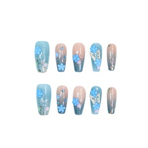 Blossom Fantasy Press On Nails/Coffin nail/Floral nail/Butterfly nail/Handmade/Spring Bloom Nails/Fancy Fake Nails/Elegant Princess Nails