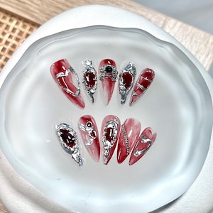 Bloody Mary Gothic Press On Nails/Stiletto Nails/Dark Red/Silver Accents/Handmade Gothic Fake Nails/Y2K Emo Nails/Halloween Vampire Nails
