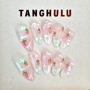 Strawberry Press-On Nails/Almond Shape/Pink and Green with Strawberry Motifs/Whimsical Fruit Fantasy/handmade nail/fruit/cute/sweet