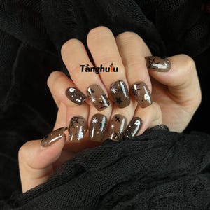 Web Shadows Press-on Nail/Square Nail/Ghost, Spider, and Star Motifs/Ghost and Star Accents/Spooky Night Sky Design/Halloween collection