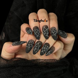 Venom Web Press On Nail/Almond nail/Matte Black Finish/Silver Glitter Web Motif/Gothic Elegance/Halloween Collection/Handmade nail