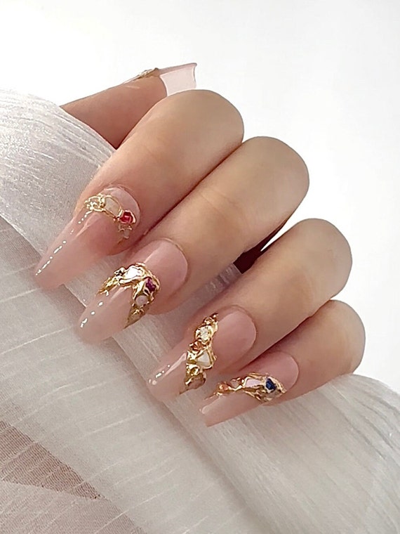 Pink Luxury Wedding Gem Nail/ Gold Gems/ Handmade Luxury Nail/ Rainbow Gem/  Sparkly Diamond/ Wedding Nail/ Elegant Pink Nail/ Fairy Nail 005 