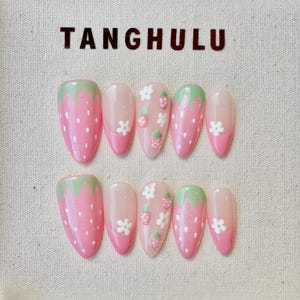 Berry Bliss Press-On Nails/Almond Shape/Pink and Green with Strawberry Motifs/Whimsical Fruit Fantasy/Sweet Fruit Design/Handmade nail