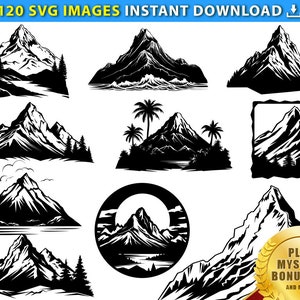 Mountain SVG, Mountains SVG Bundle, Mountain Clipart, 120 SVG Silhouette Graphic Cutting Files, Mountain Range Peaks png Commercial Use