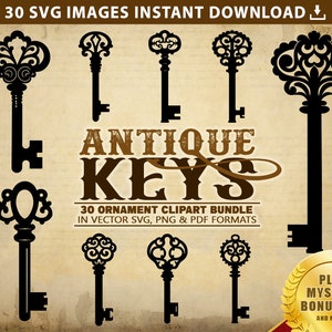 Llave antigua SVG, paquete SVG de llaves, imágenes prediseñadas de llaves antiguas, 30 archivos de corte gráfico de silueta SVG, llaves de puerta vintage, uso comercial