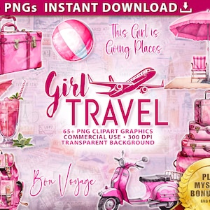 Travel PNG, Girl Travel PNG, Traveling PNG Clipart Bundle 65+ Watercolor Woman Travel Images Quotes Vacation Holiday Graphic, Commercial Use