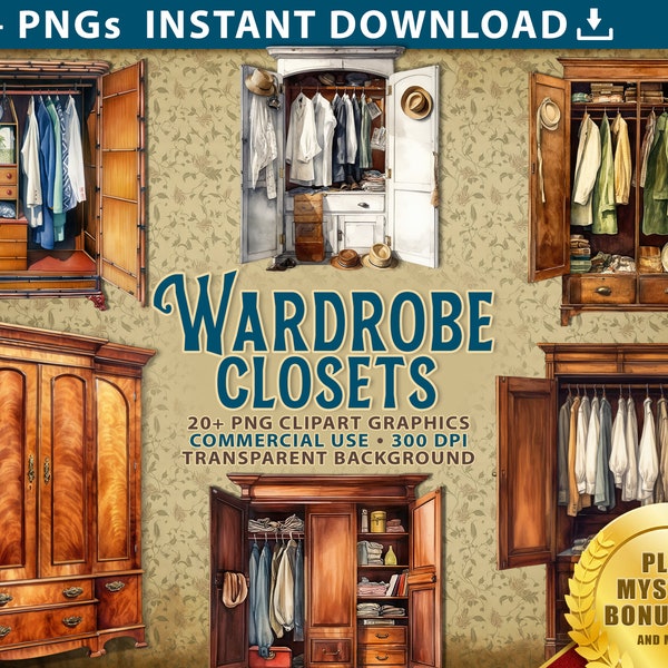 Wardrobe Closets Watercolor Clipart Bundle 20+ PNG Clip Art Watercolor Armoire Cabinets Digital Asset Files Commercial Use Furniture Designs