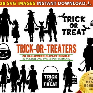 TRICK or TREAT SVG, Halloween svg, Bundle, 28 Silhouette People Clipart Image Files in 3 Formats, Halloween Party bundle, Commercial Use