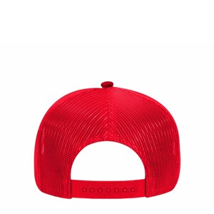 May include: A red mesh trucker hat with a black adjustable strap.