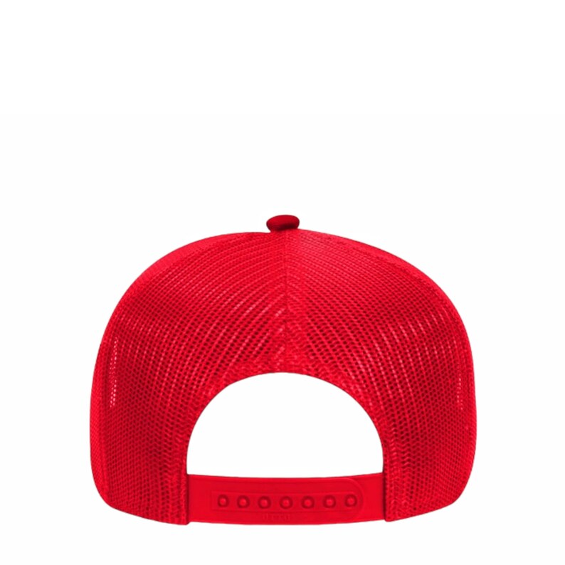May include: A red mesh trucker hat with a black adjustable strap.